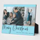 Merry KerstBlue Script Photo Collage Holiday Fotoplaat (Zijkant)