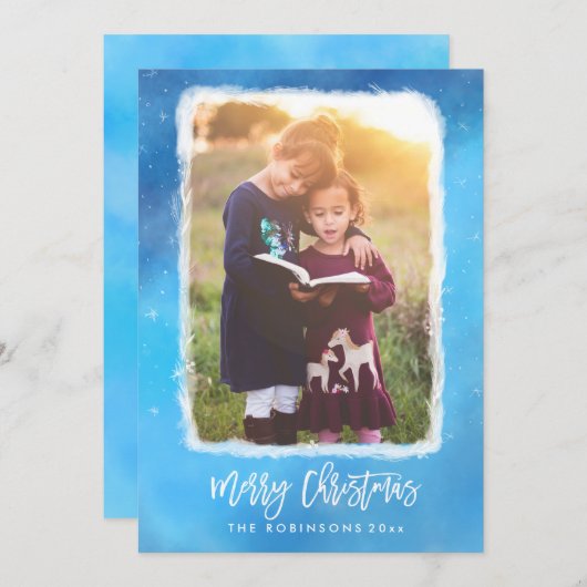 Merry KerstBlue Snow Modern Scrip Foto Feestdagenkaart (Voorkant / Achterkant)