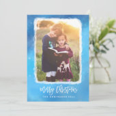 Merry KerstBlue Snow Modern Scrip Foto Feestdagenkaart (Staand voorkant)