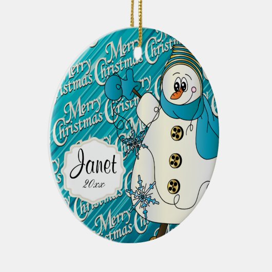 Merry KerstBlue Snowman Keramisch Ornament (Rechts)