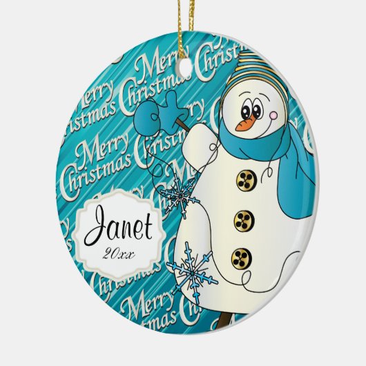 Merry KerstBlue Snowman Keramisch Ornament (Links)