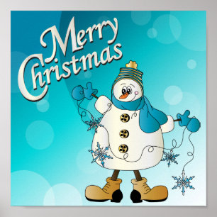 Merry KerstBlue Snowman Poster