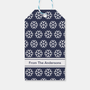 Merry KerstBlue White Snowflakes Name Text Cadeaulabel