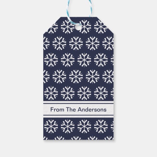 Merry KerstBlue White Snowflakes Name Text Cadeaulabel (Achterkant)
