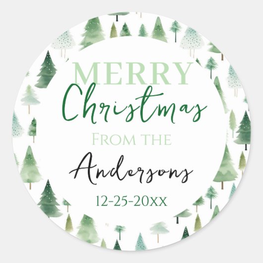 MERRY Kerstbomen Familie Gift Ronde Sticker (Voorkant)