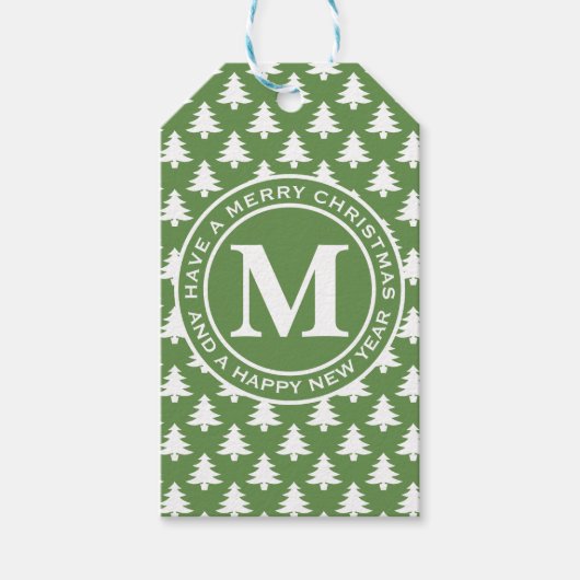 Merry kerstbomen Green Monogram Cadeaulabel (Voorkant)