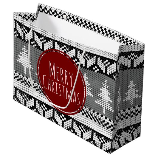 Merry kerstbomen Grey Nordic Pattern Large Cadeautasje (Voorkant Gekanteld)