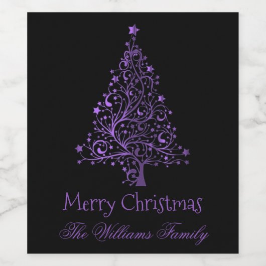 Merry kerstboom Black Metallic Paarse look Wijn Etiket (Enkel label)