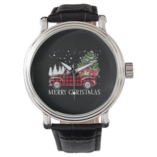 Merry kerstboom Buffalo Pset Red Truck Horloge (Voorkant)