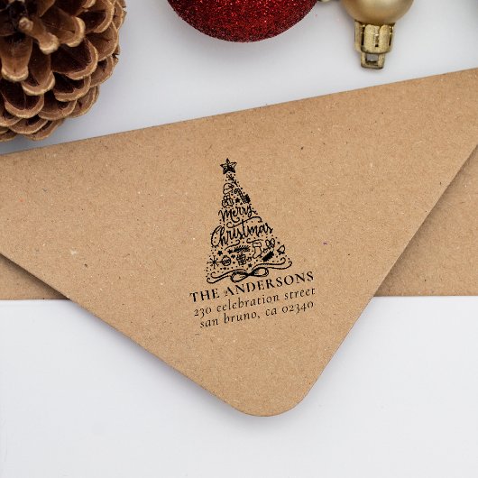 Merry kerstboom Lettering Name Return Address Zelfinktende Stempel