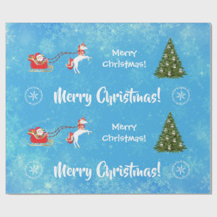 Merry kerstboom Santa Cute Girly Unicorn Blue Cadeaupapier