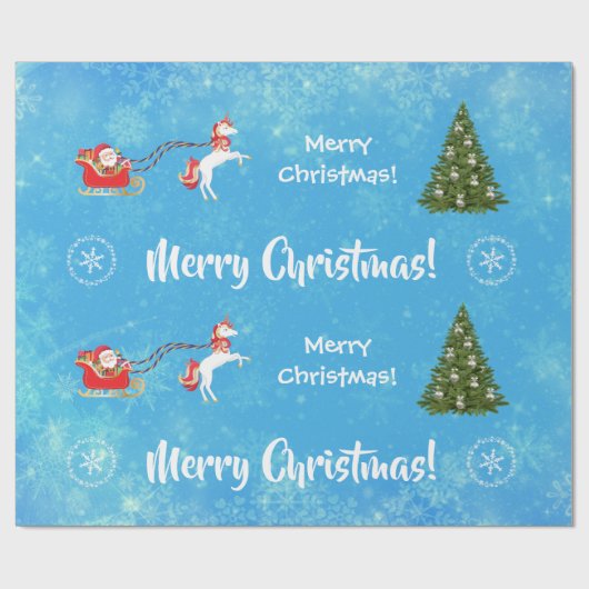 Merry kerstboom Santa Cute Girly Unicorn Blue Cadeaupapier (Vlak)