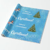 Merry kerstboom Santa Cute Girly Unicorn Blue Cadeaupapier (Uitgerold)