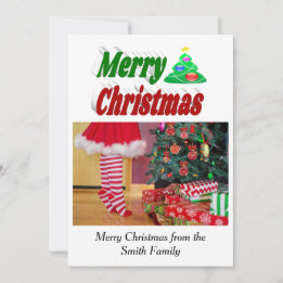 Merry kerstboomfoto rode groene typografie feestdagenkaart