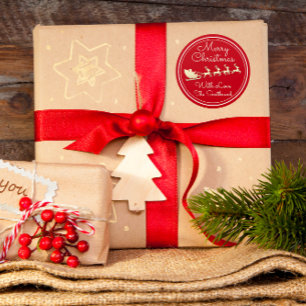 Merry kerstboomnaam Red Gold Santa Sleigh Ronde Sticker