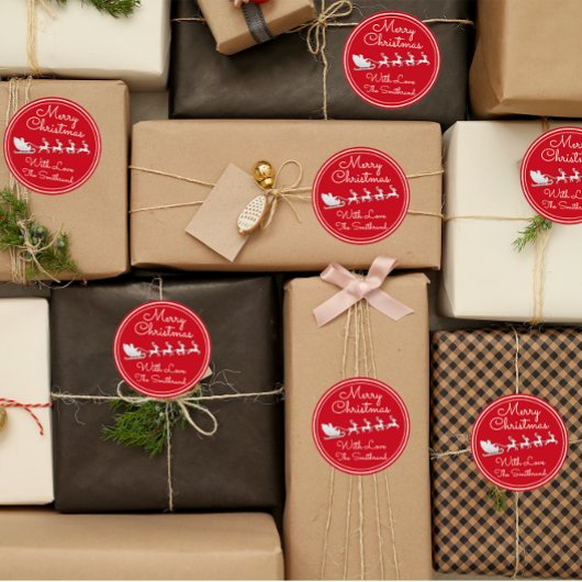 Merry kerstboomnaam Red Silver Santa Sleigh Ronde Sticker