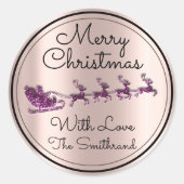 Merry kerstboomnaam Roos Santa Sleigh Paars Ronde Sticker (Voorkant)