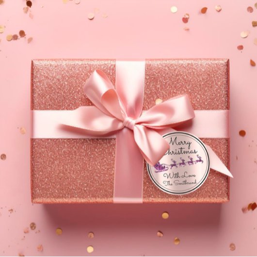 Merry kerstboomnaam Roos Santa Sleigh Paars Ronde Sticker