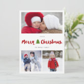 Merry kerstboompenseel script 3 Foto Collage Feestdagenkaart (Staand voorkant)