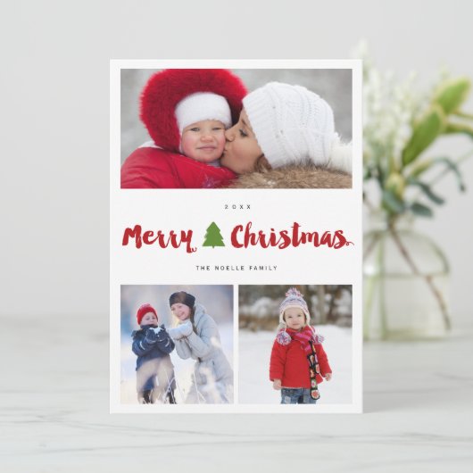 Merry kerstboompenseel script 3 Foto Collage Feestdagenkaart (Staand voorkant)