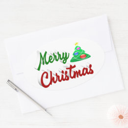 Merry kerstboomrood script ovale sticker
