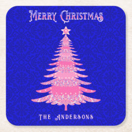 Merry kerstboomroze gepersonaliseerde sneeuwvlokke kartonnen onderzetters