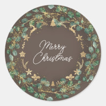 Merry KerstBrown Green Wreath Woodland Gold