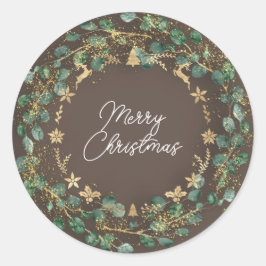 Merry KerstBrown Green Wreath Woodland Gold Ronde Sticker