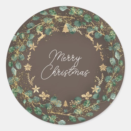 Merry KerstBrown Green Wreath Woodland Gold Ronde Sticker (Voorkant)