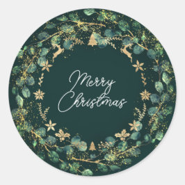 Merry KerstBrown Green Wreath Woodland Gold Ronde Sticker