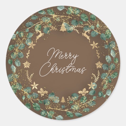 Merry KerstBrown Green Wreath Woodland Ronde Sticker (Voorkant)