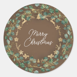 Merry KerstBrown Green Wreath Woodland Ronde Sticker