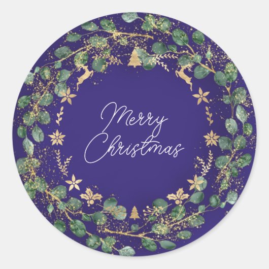 Merry Kerstbruin Groen Wreath Woodland Blue Ronde Sticker (Voorkant)