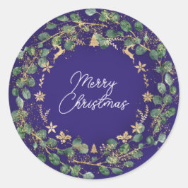 Merry Kerstbruin Groen Wreath Woodland Blue Ronde Sticker