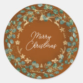 Merry KerstbruinGoldWreath Woodland Ronde Sticker (Voorkant)
