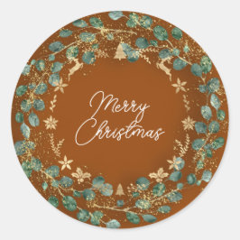 Merry KerstbruinGoldWreath Woodland Ronde Sticker