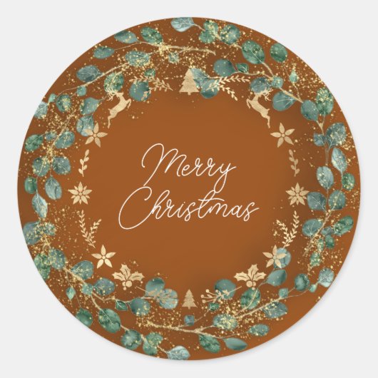 Merry KerstbruinGoldWreath Woodland Ronde Sticker (Voorkant)