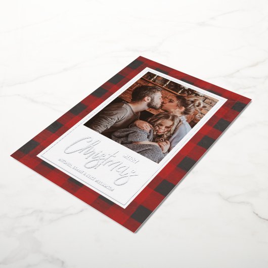 Merry kerstbuffalo Check Photo Silver Folie Feestdagenkaart (Gedraaid)