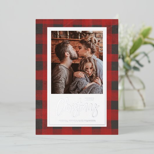 Merry kerstbuffalo Check Photo Silver Folie Feestdagenkaart (Staand Voorkant)