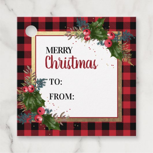 Merry kerstbuffalo Check Waterverf Holly Bedankjes Labels (Voorkant)