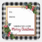 Merry kerstbuffalo Check Waterverf Holly Vierkante Sticker (Voorkant)