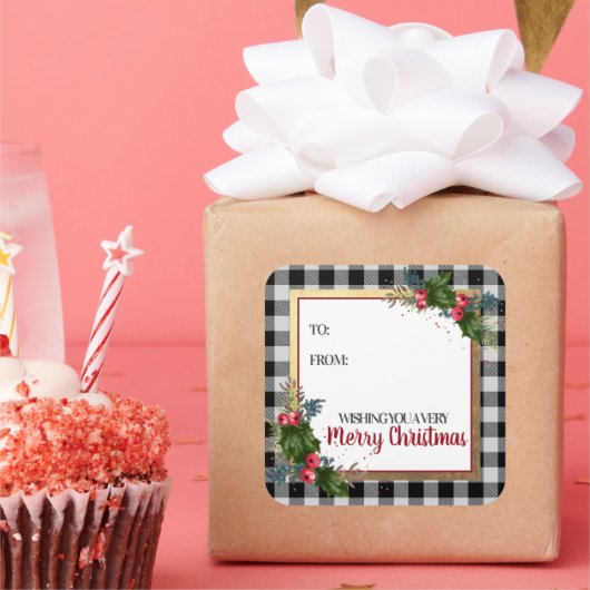 Merry kerstbuffalo Check Waterverf Holly Vierkante Sticker (Feest)