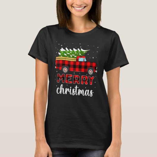 Merry kerstbuffalo Truck Tree Red Pset voor M T-shirt (Voorkant)