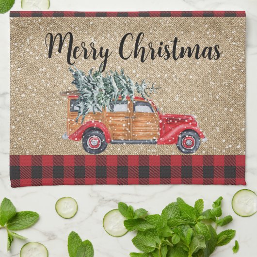 Merry Kerstbuffalo  vrachtwagenboom Theedoek (Gevouwen)
