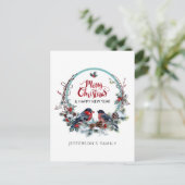 Merry kerstbulfinches-wreath Holiday Postcar Feestdagenkaart (Staand voorkant)