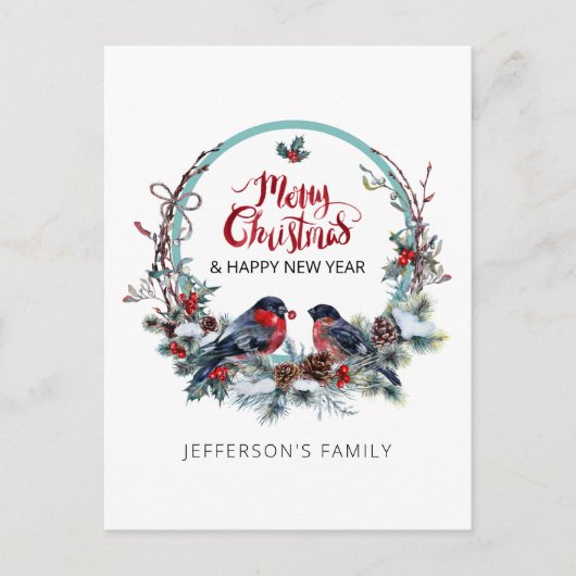 Merry kerstbulfinches-wreath Holiday Postcar Feestdagenkaart (Voorkant)