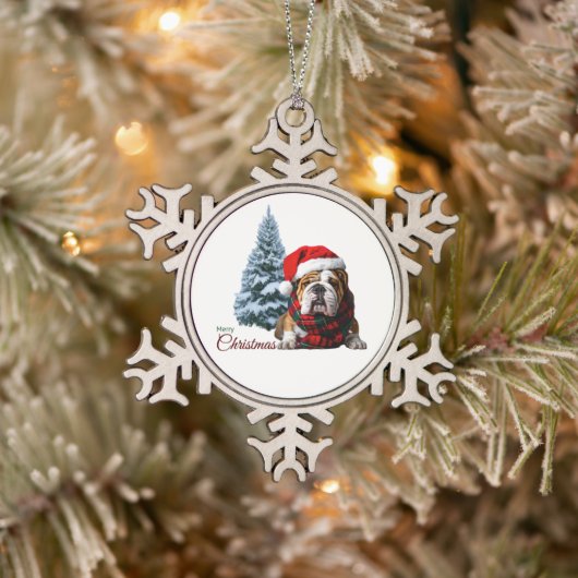 Merry Kerstbulldog Tin Sneeuwvlok Ornament (Boom)