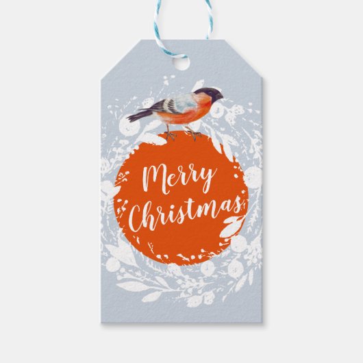 Merry Kerstbullfinch Bird Snowy WreatWinter Cadeaulabel (Voorkant)