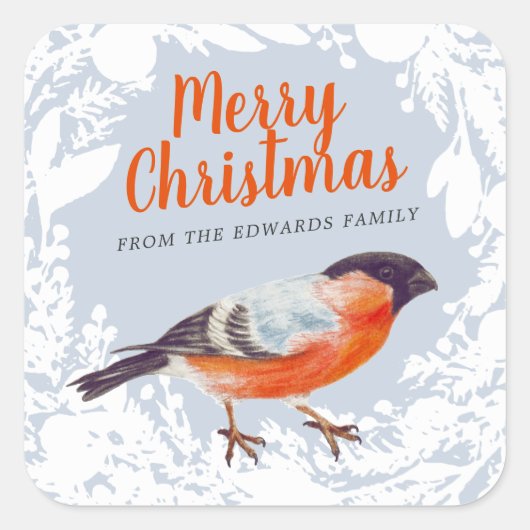 Merry Kerstbullfinch Bird Snowy WreatWinter Vierkante Sticker (Voorkant)