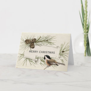 Merry KerstChickadee Bird Pinecone Scroll Feestdagen Kaart